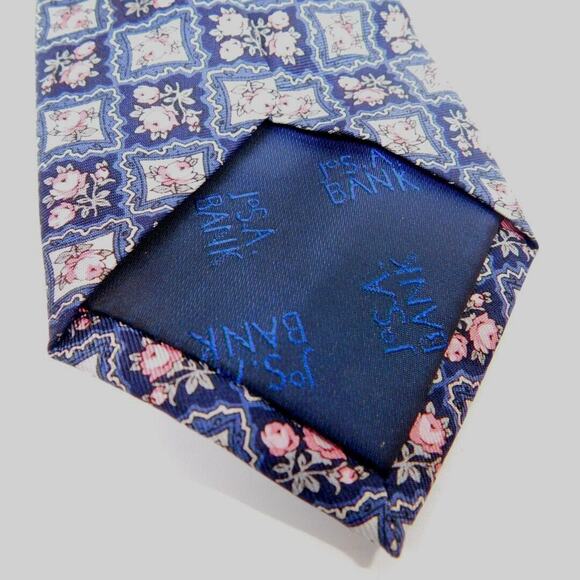 Jos. A. Bank Pink & Blue Woven Framed Floral Flower 100% Silk Tie 3.125 x 60" - Picture 3 of 5